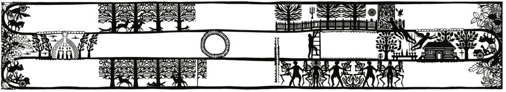 Artystyczna grafika przedstawiająca różnorodne sceny i postacie.