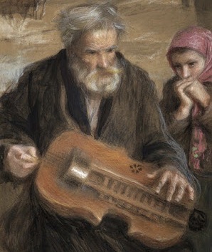 Mężczyzna grający na instrumencie, z dziewczynką obok.