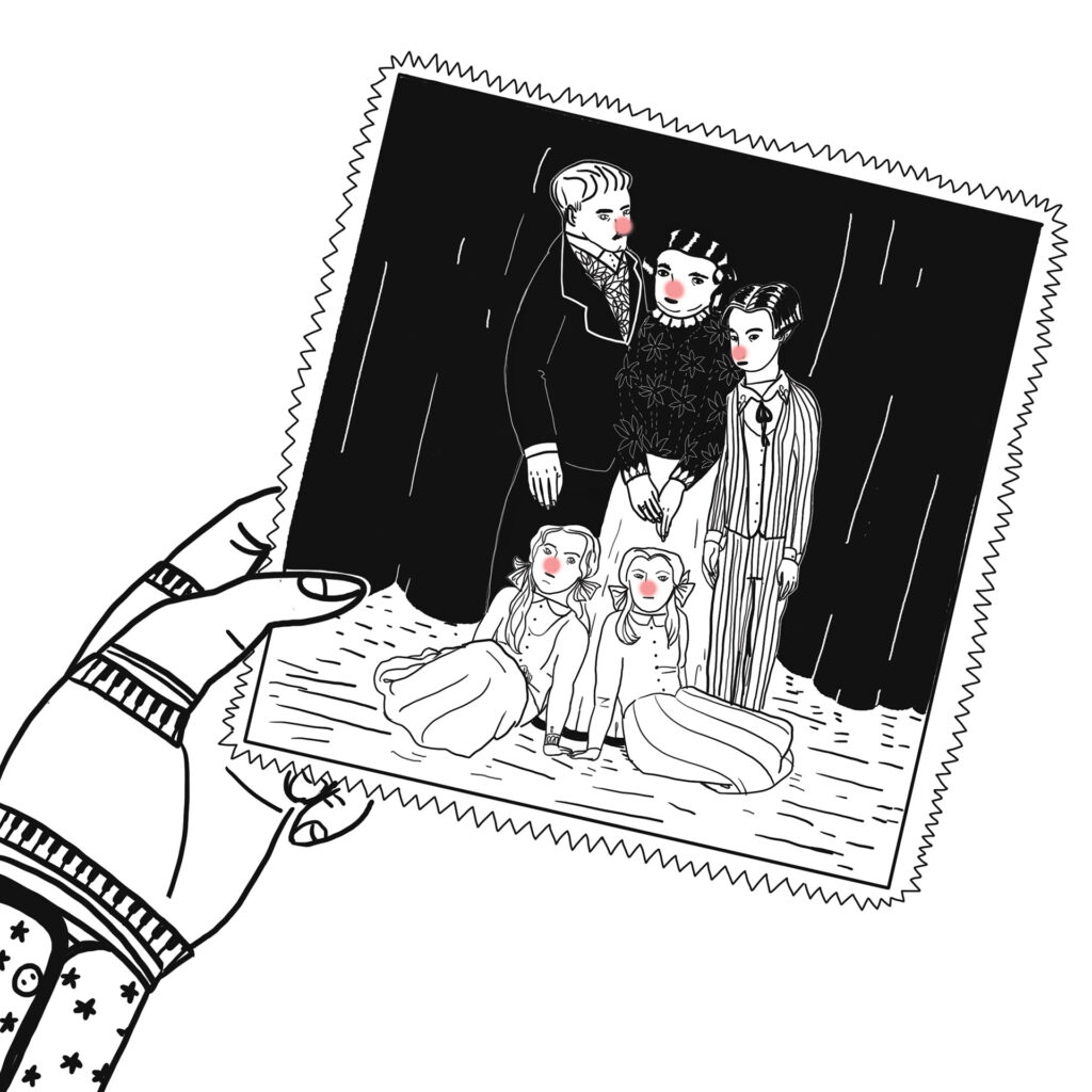 Ilustracja rodziny w stylu vintage, czarno-biała