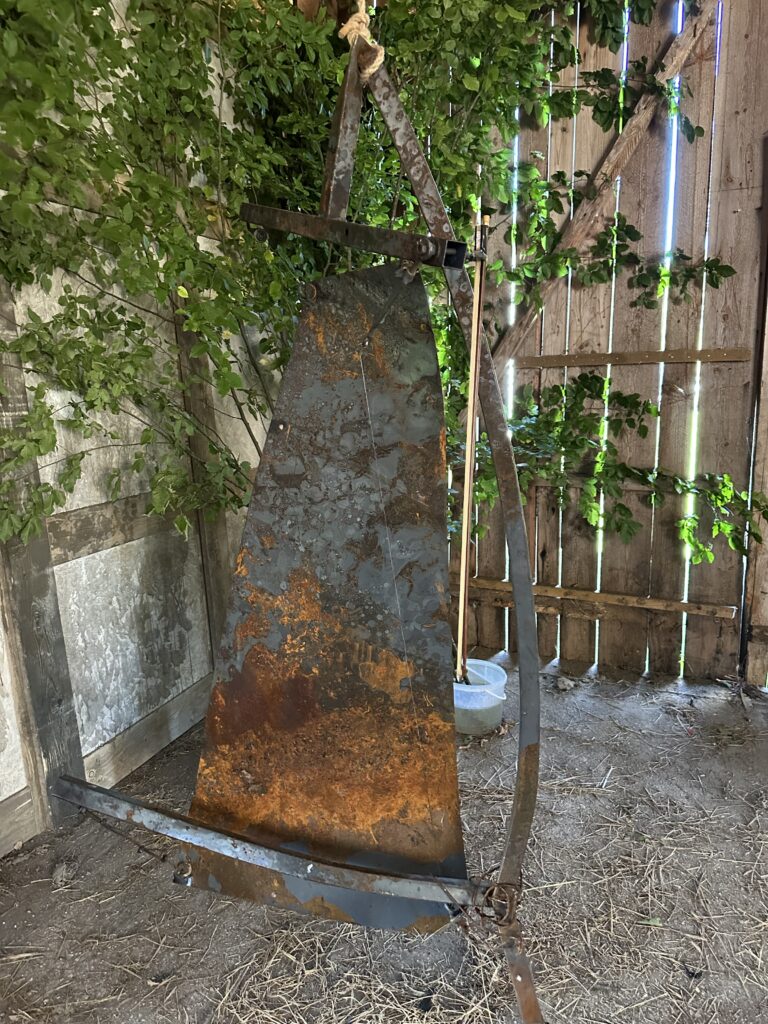 Rdzewiejący metalowy element w wiejskim otoczeniu