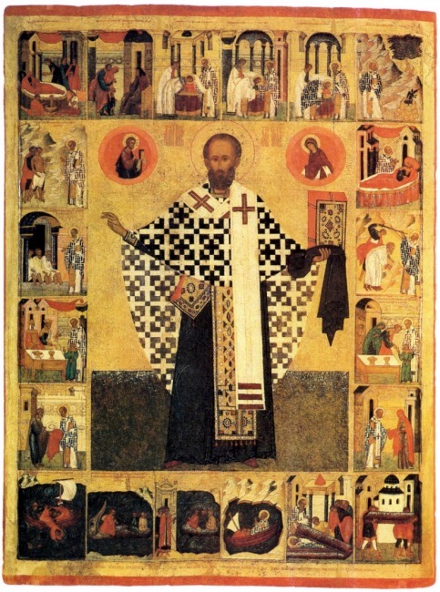 Ikona przedstawiająca świętego w otoczeniu scen biblijnych.