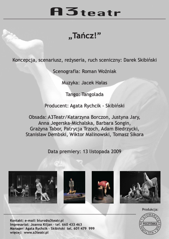 Plakat spektaklu tanecznego A3Teatr "Tańcz!