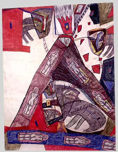 Abstrakcyjny rysunek z figurami ludzkimi i kolorami.